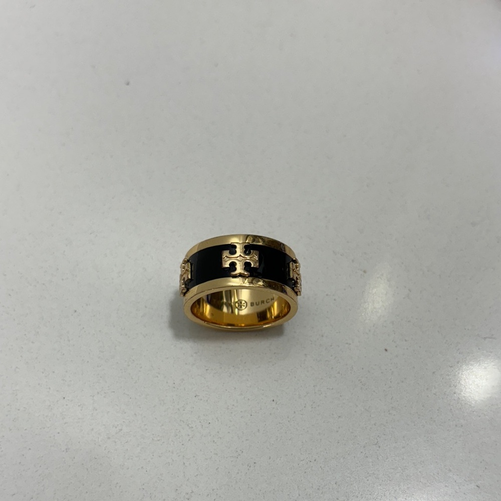 Tory Burch Enamel Raised Logo Ring Black